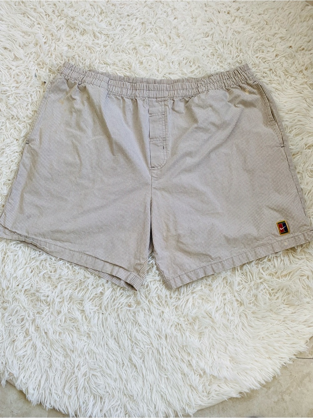 Vintage Nike Court Tennis Shorts XL Beige Gingham Drawstring 100% Cotton Y2K